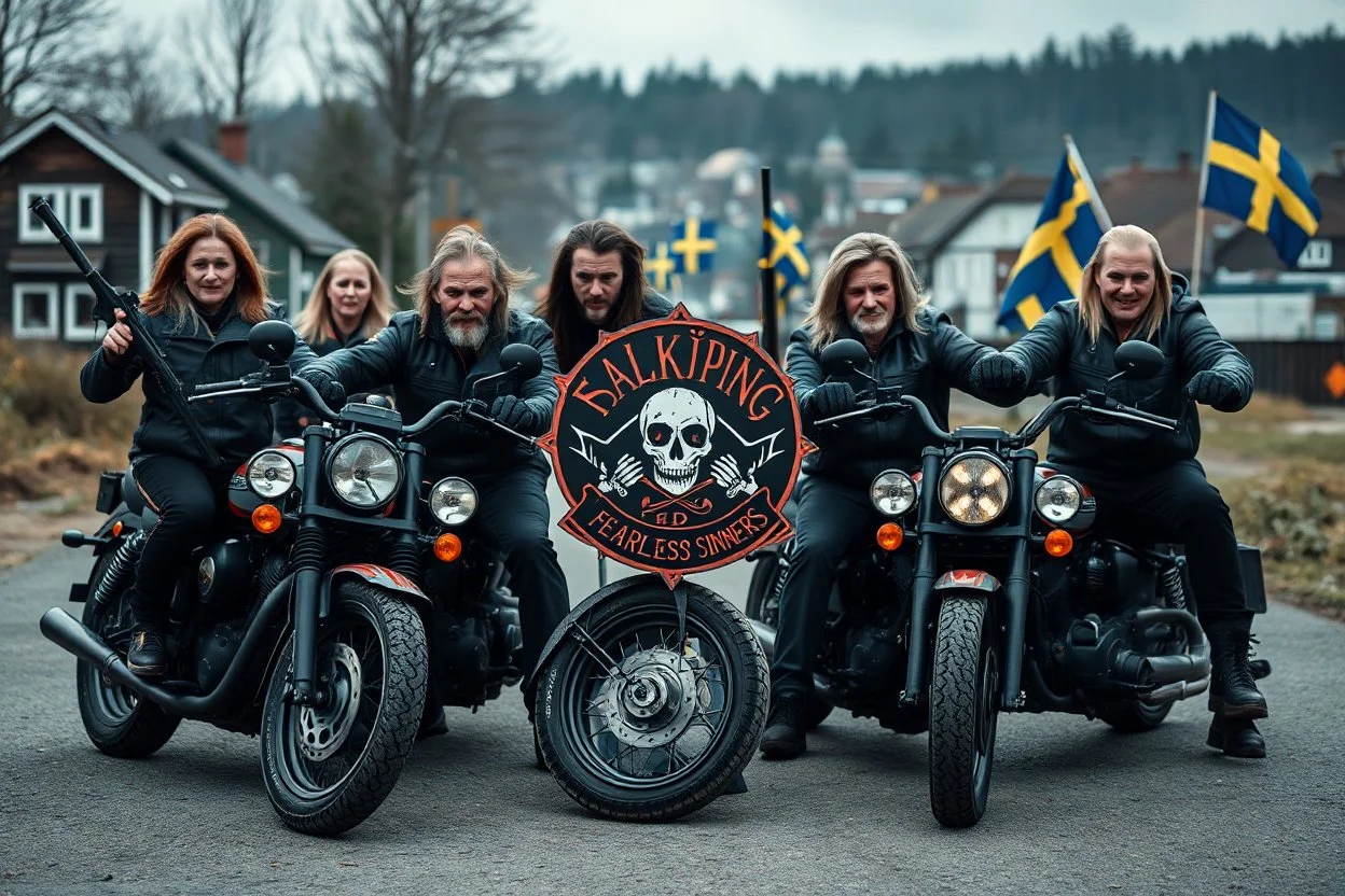 a very hard and tuff motorcycle young gang with Keltic hair , not old, posing with their Harley Davidsson bikes, some of them holding guns and shotguns, a logo sign with "FALKÖPING HD", "FEARLESS SINNERS" Skulls and bones, skeletons and fire, Swedish town Falköping in background, Swedish flags on bikes, Simon Stålenhag style