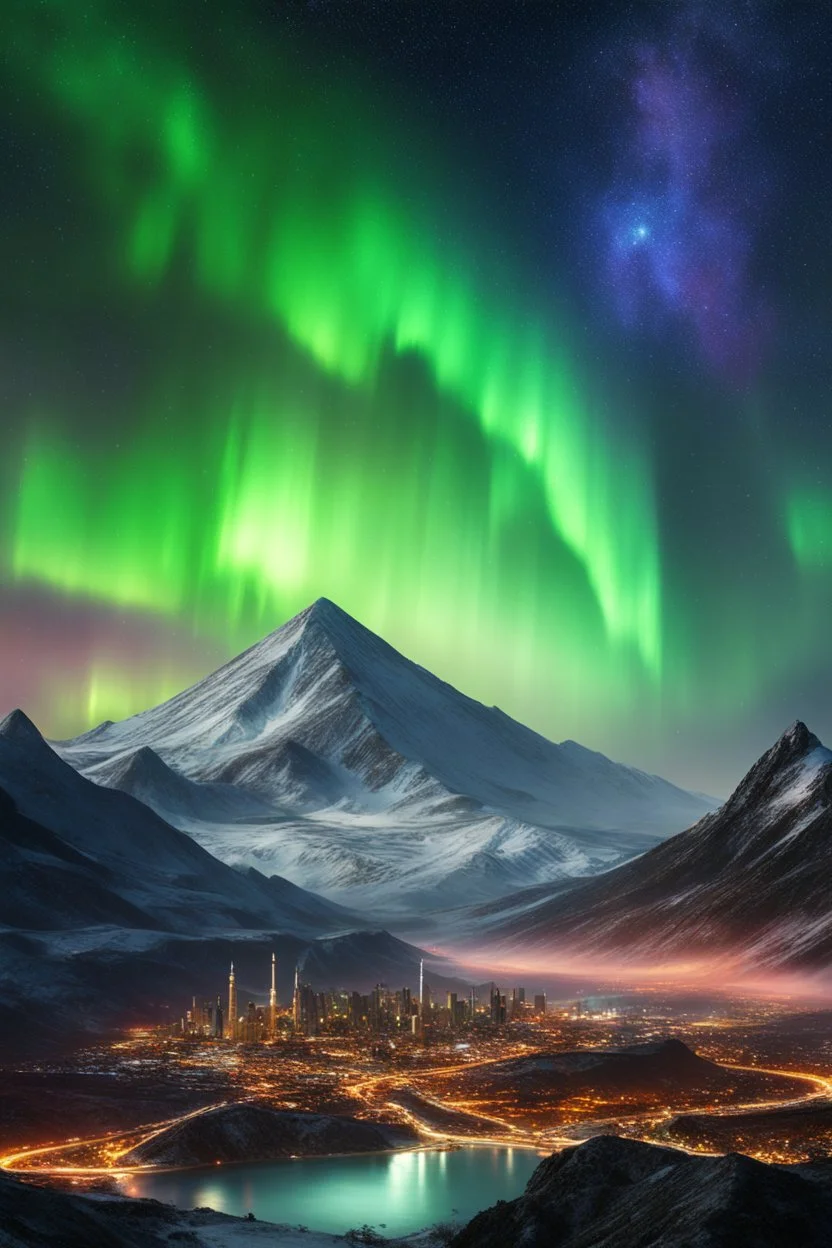 A realistic islamic city scape futuristic,K2 beautiful Mountain in the background, dramatic Aurora nebula sky.