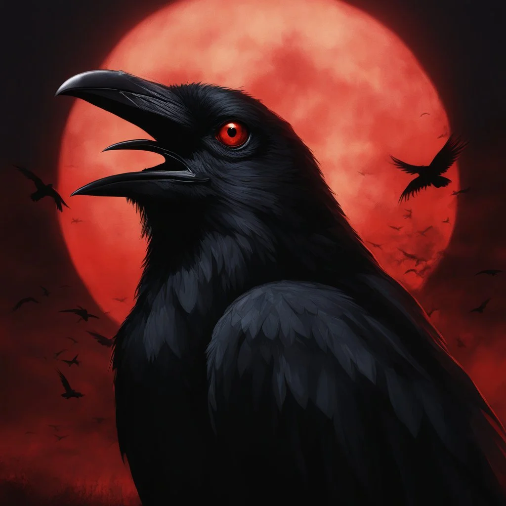 "Generate a high-resolution image of a very macabre crow. The scene should be set in dim, shadowy lighting, giving the atmosphere a dark and eerie feeling. The crow should have sinister, menacing features, with ragged feathers, sharp talons, and piercing eyes that glow faintly. Ensure that the background is ominous, perhaps with hints of fog or a moonlit graveyard, adding to the overall spooky ambiance. The entire image should convey a sense of dread and mystery." resolution 60k