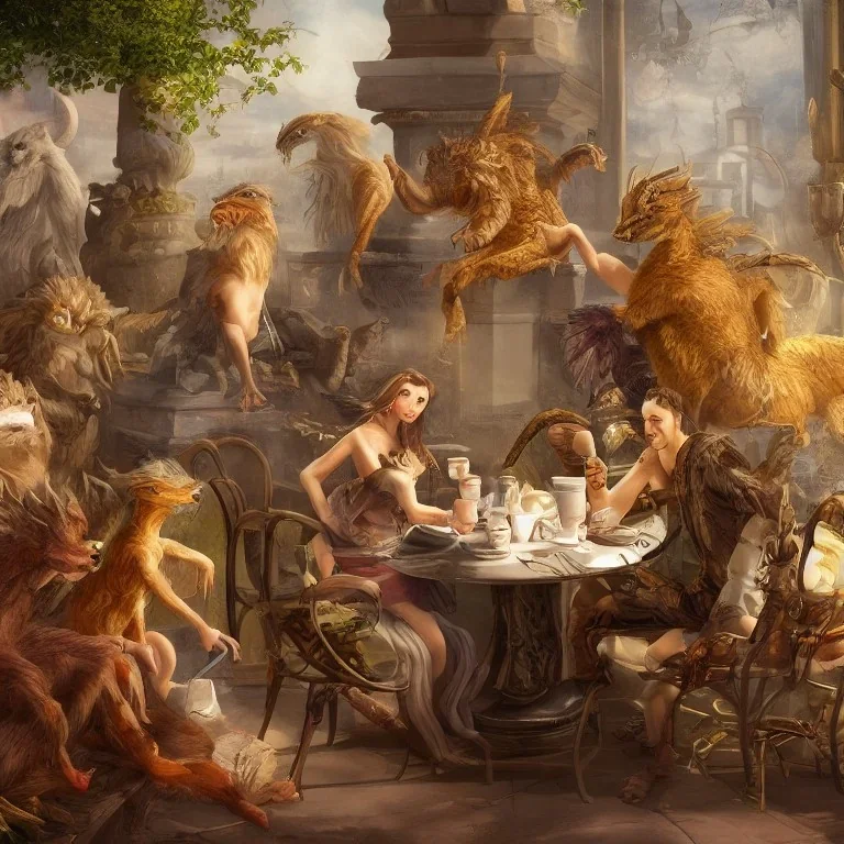 Mythical and legendary creatures sitting in a cafe drinking coffee with detailed details, full and clear painting elements, full HD painting resolution, 4K, 8K, 16K,