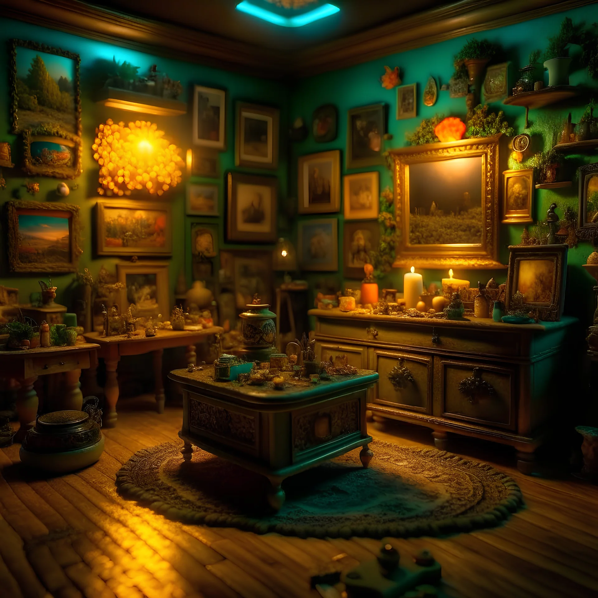 Diorama of old stuff in a room, sharp focus, 8k, 3d, very detailed, volumetric light, grim, fine art, very colorful, ornate, 35mm, F/2.8, insanely detailed and intricate, hypermaximalist, super detailed, decadent