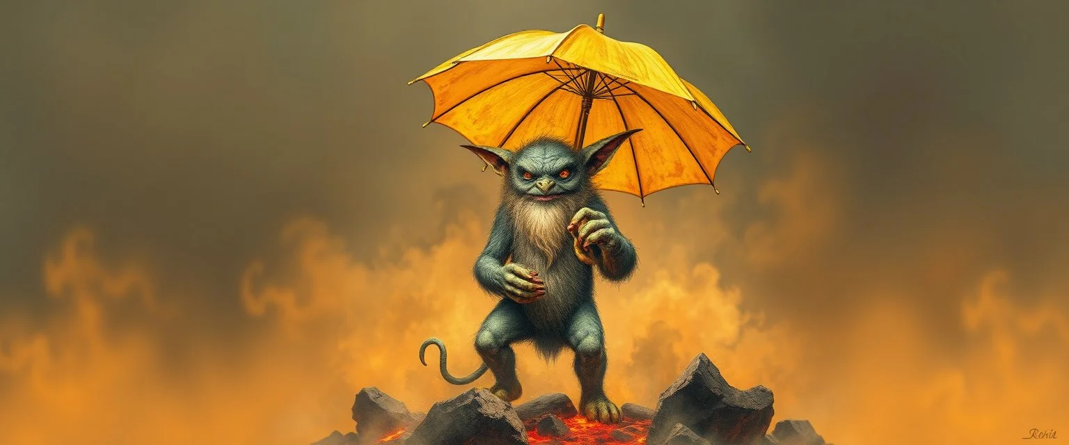 blurred background airbrush with pen outline, smite by god was the evil furry goblin gremlin man holding a golden umbrella in a pool of smoke and lava in the style of Escher and Giger.