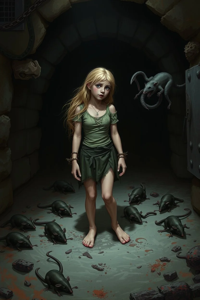 Pretty blonde girl, locked in a dark and dirty dungeon, with rats and malevolent entities, trapped with shackles and with her dirty clothes, barefoot, scared