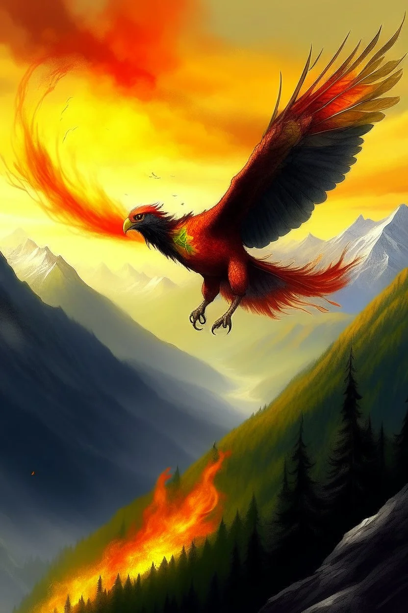 fire bird flying over mountain by Vanga