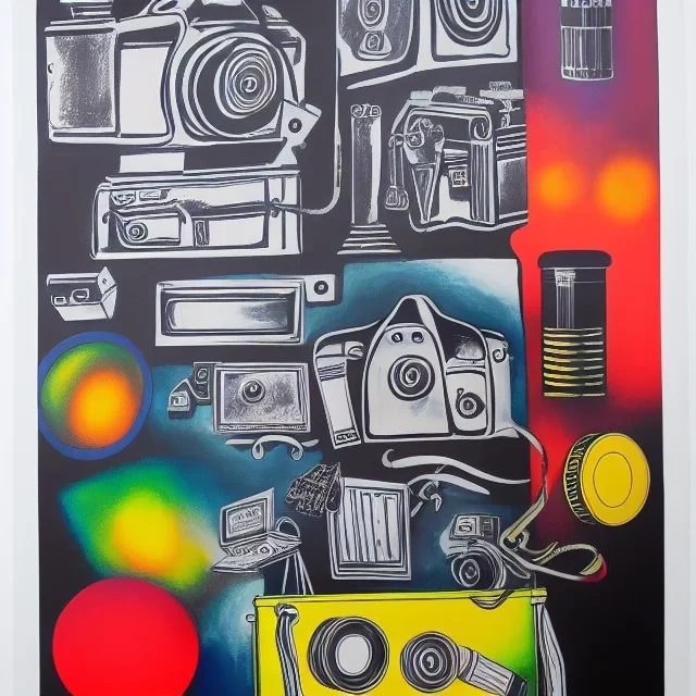 elements of photographic equipment. poster graphics. high detailed. acrylic painting and ink.