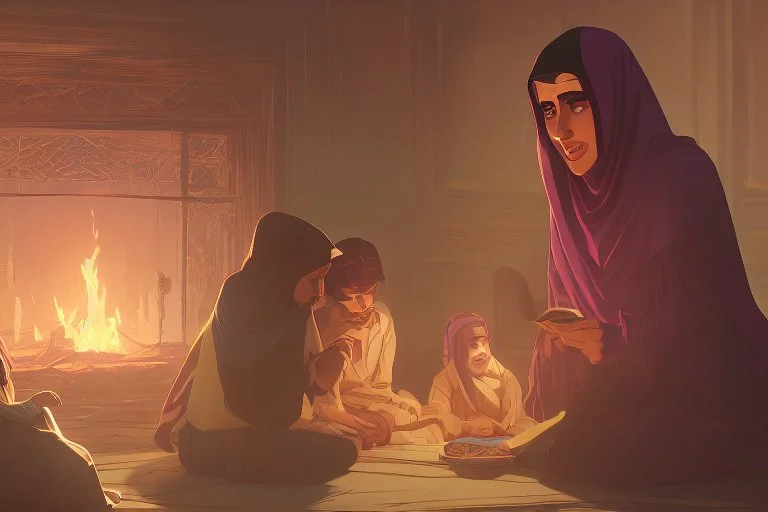 A close-up scene of an Arab mother reading the story from a book with her children around her in the room of the old wooden house near the fireplace 100 years ago.