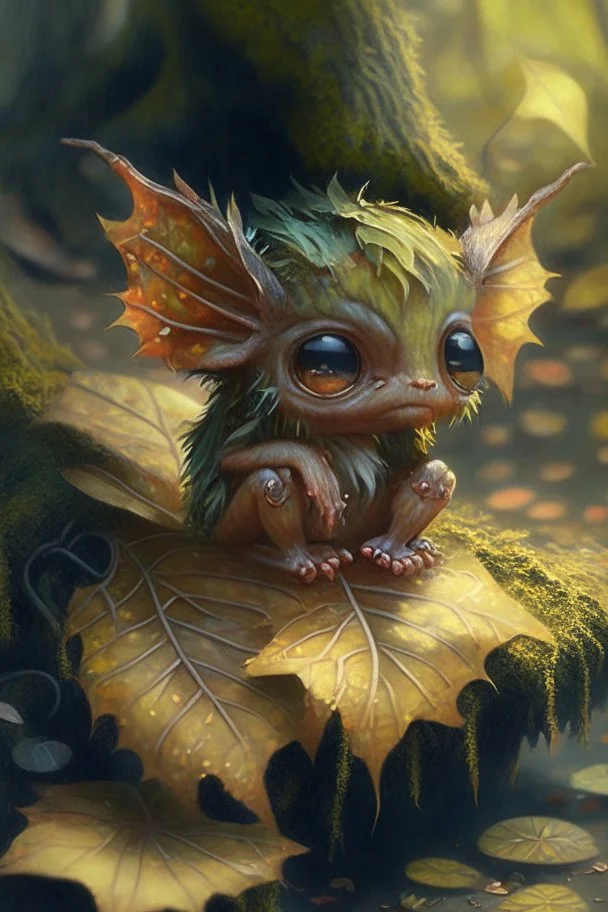 cute tiny forest demon sitting on a fallen leaf, intricately detailed, photorealistic, oil on canvas, trending on art station, high definition, hdr, cute, beautiful in sunshine