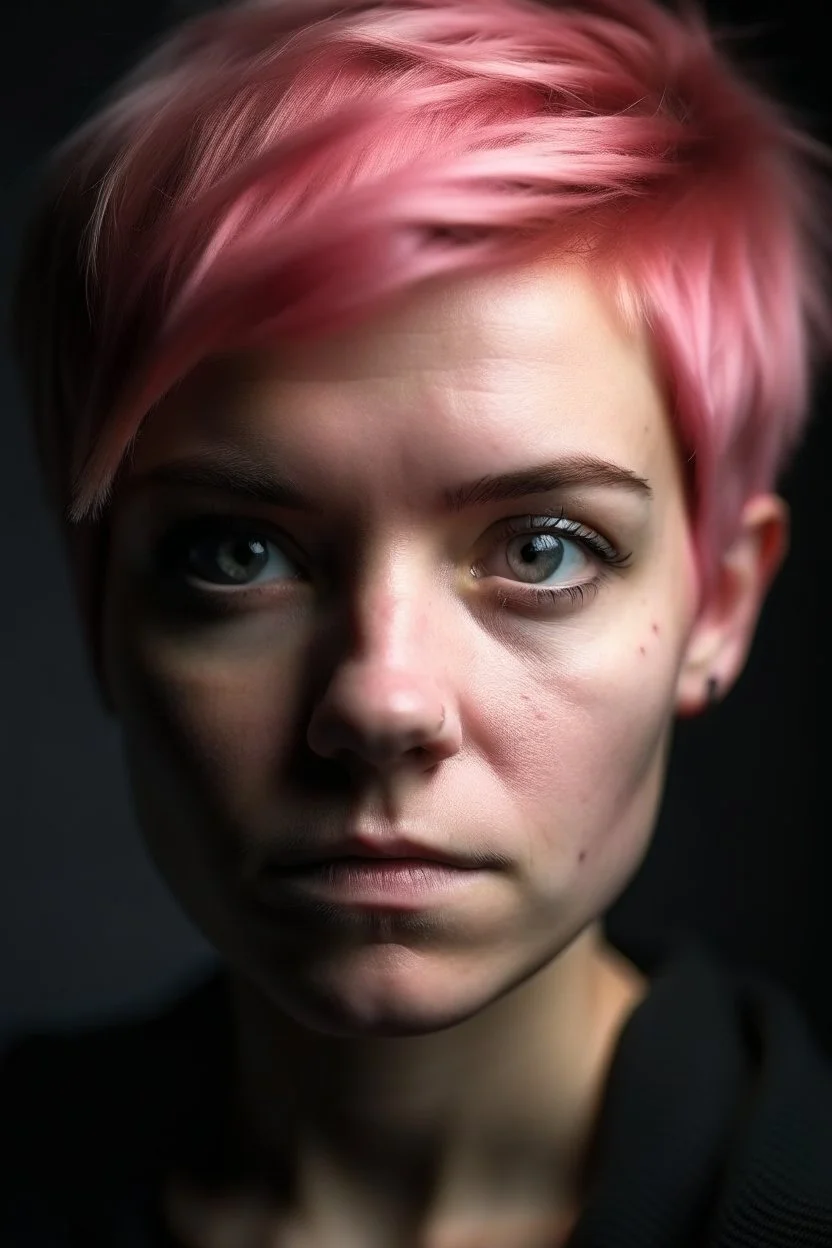 young woman with short pink hair and a scar over one eye