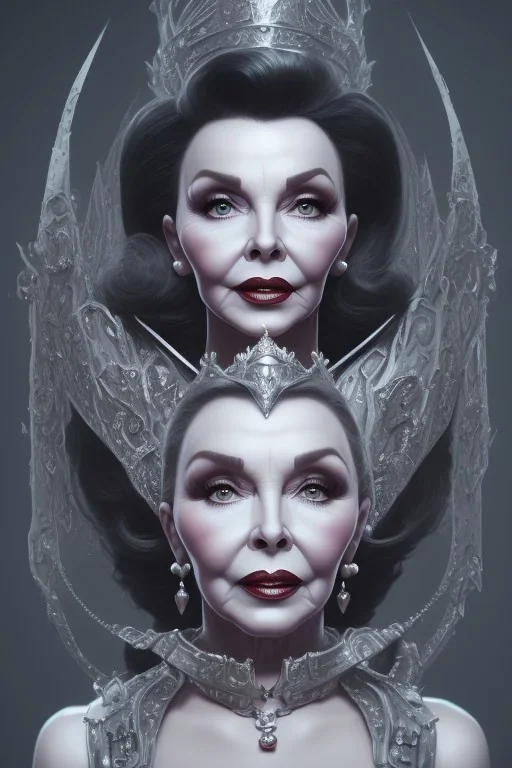 Joan Collins as evil queen in black leather, leather, busty, cleavage, angry, stern look. character design by cory loftis, fenghua zhong, ryohei hase, ismail inceoglu and ruan jia. unreal engine 5, artistic lighting, highly detailed, photorealistic, fantasy