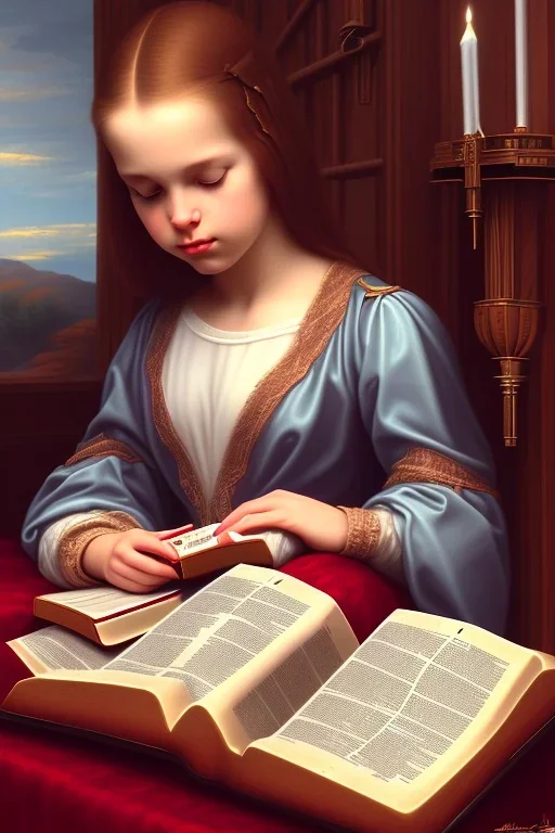 girl sitting in a church pew, reading the holy bible