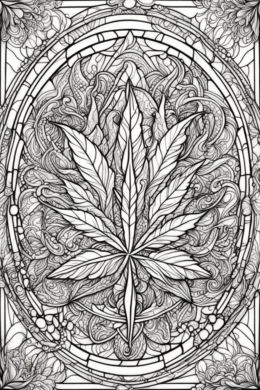 outline art for stoners coloring pages with A very simple stained glass style design featuring swirling smoke patterns and intricate cannabis leaf details., white background, sketch style, fully body, only use outline, mandala style, clean line art, white background, no shadows and clear and well outlined