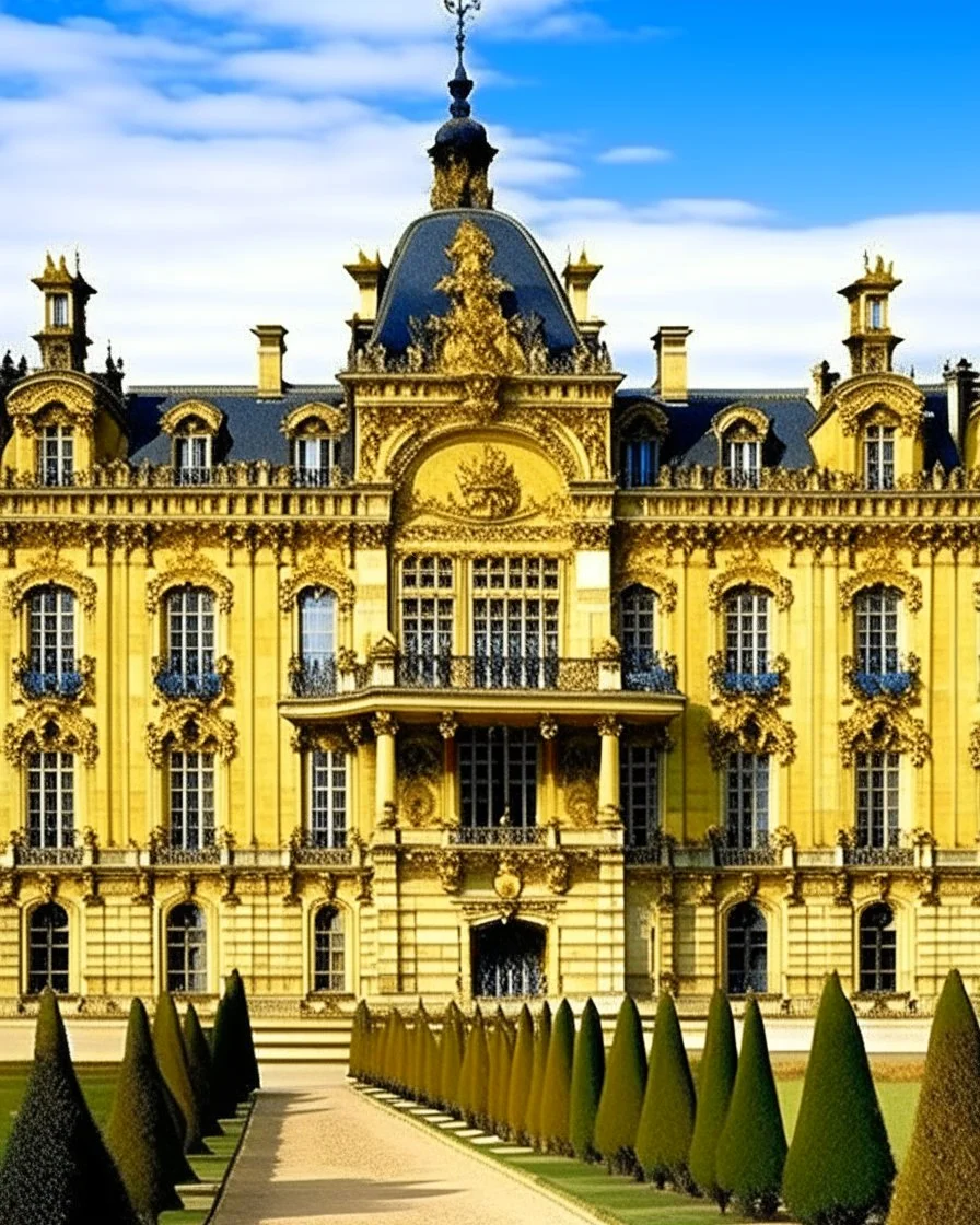 A pale yellow palace covered in gold designed in Bayeux tapestry painted by Jackson Pollock
