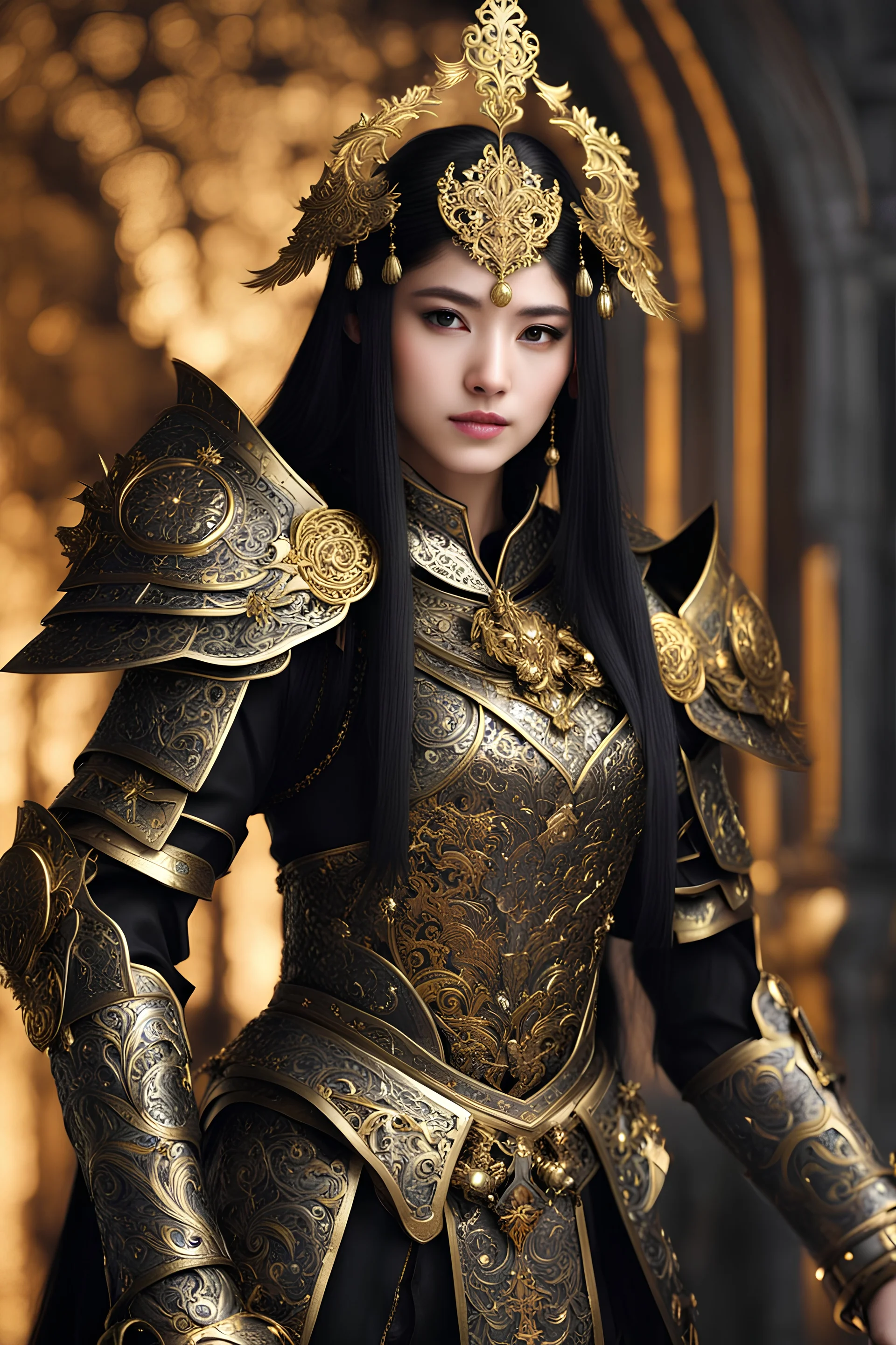 Realistic photography,front_view, (1King, looking at viewer), black long hair,traditional dress ornaments mechanical_armor, intricate armor, delicate golden filigree, intricate filigree, black metalic parts, detailed part, dynamic pose, abstrac background, dynamic lighting