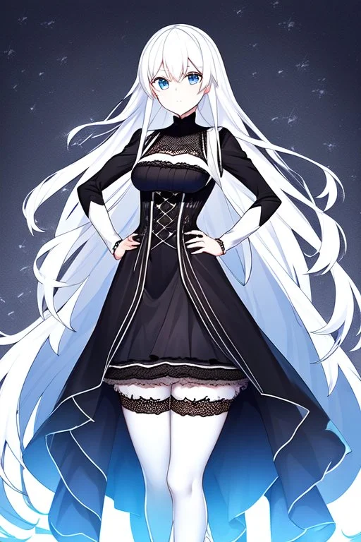 a captivating gothic anime girl, her ethereal beauty accentuated by porcelain skin and vibrant blue eyes. She stands firmly on a train track, legs wide apart, hands on hips, wearing a sleek black dress with lace details and a gun holstered on her thigh. Her flowing white hair billows in the wind as the smoky background portrays a chaotic scene of crumbling buildings and raging flames, emphasizing the imminent arrival of the train.