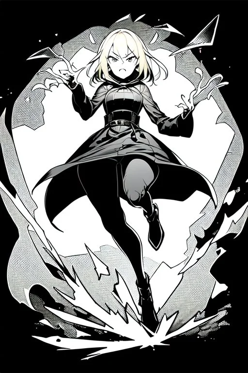 angry blonde girl, pose, full body, greyscale