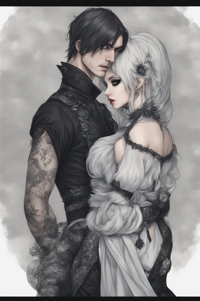 Close up of an Attractive goth man holding his goth girl, he is looking mysteriously at the camera with her back faced to the camera. Dark eyes, White hair, ,super realistic, smoky background