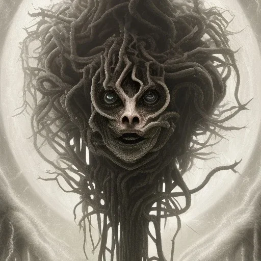 black medusa, fallout 4, spray paint, chalk, giger, grey background forest, magic light fountain