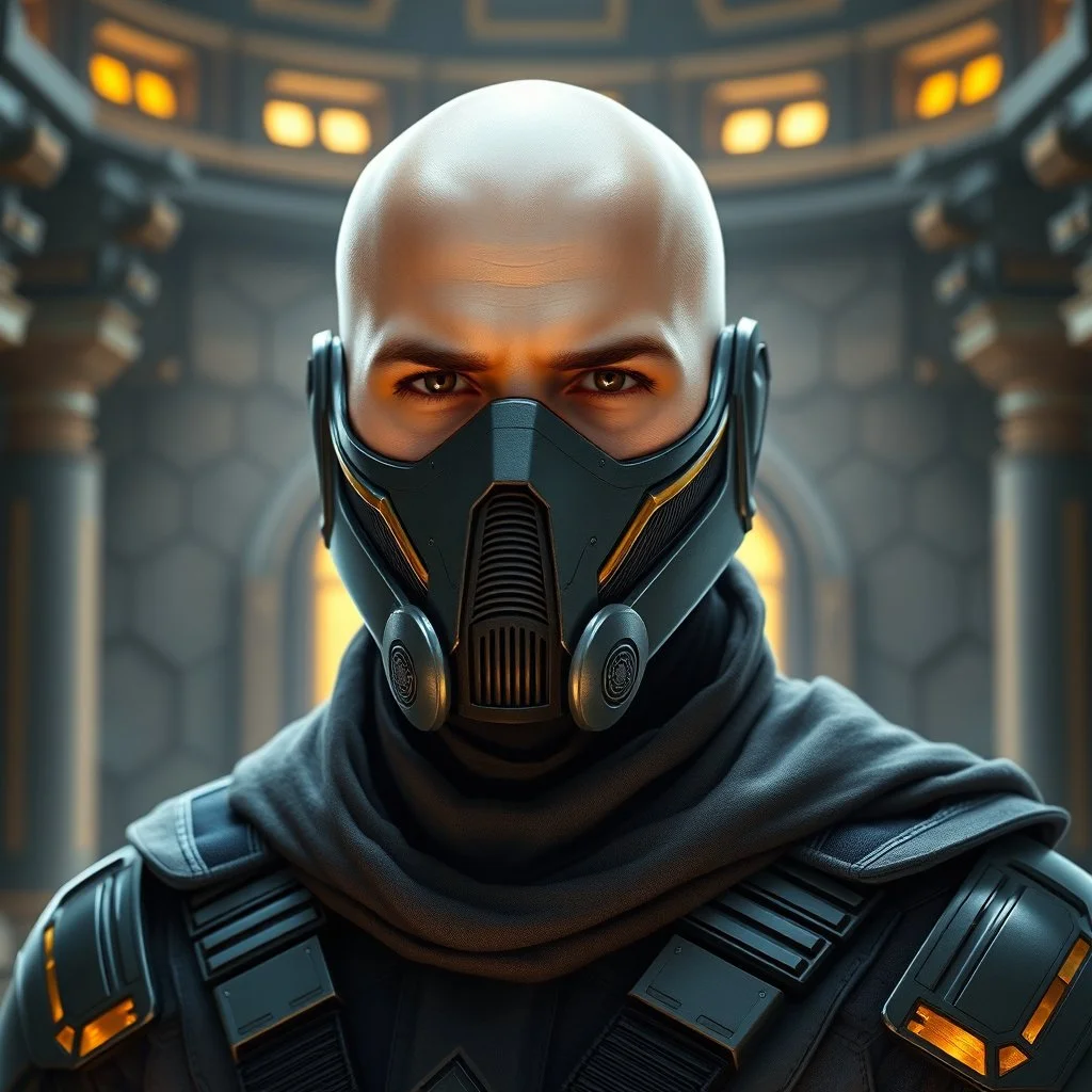 star wars bald male corellian jedi wearing gunmetal grey and black old republic armored flightsuit and breath mask with gold and metallic red trim inside the jedi temple, centered head and shoulders portrait, hyperdetailed, dynamic lighting, hyperdetailed background, 8k resolution, volumetric lighting, light skin, fully symmetric details