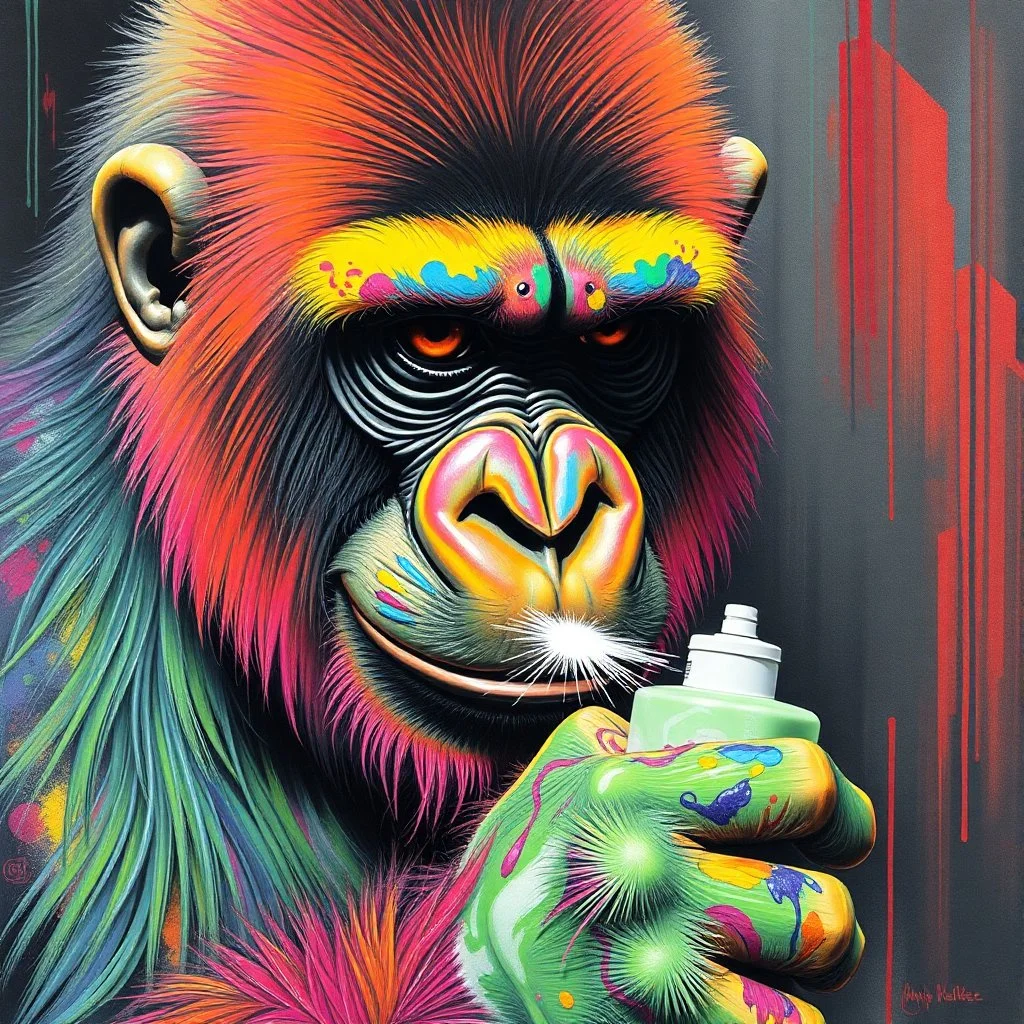 colorful Gorilla spraying glue by Jamie Hewlett
