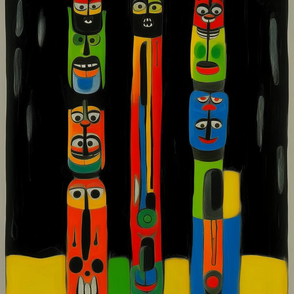A black colored circus with bombs designed in pacific Northwest totem poles painted by Alexej von Jawlensky