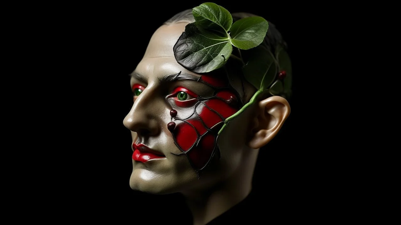 MORPHON-ANALYTIC ANALYSIS OF A HOLLOW HEAD OR FACE CUT OUT WITH VINE LEAVES AND RED FRUITS INSIDE