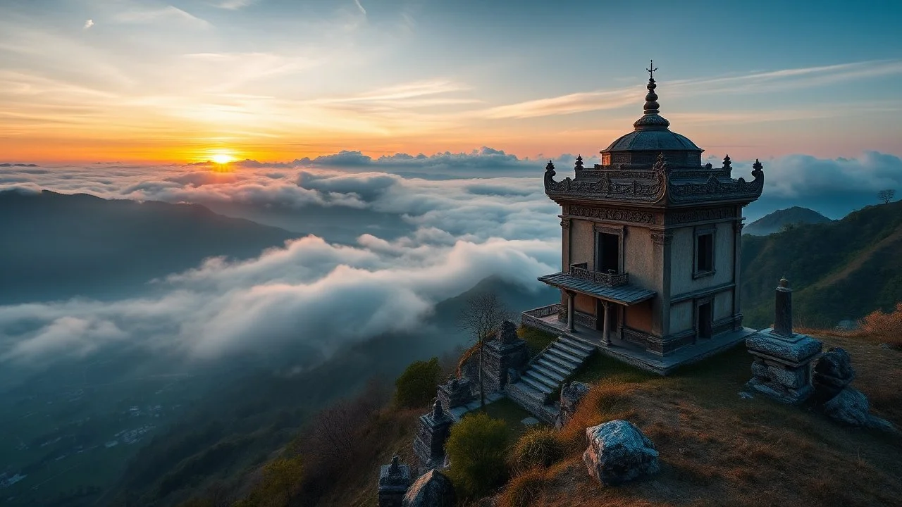 A quiet, ancient temple on a mountainside at sunrise, surrounded by clouds and overlooking a peaceful valley. Photographic quality and detail, award-winning image, beautiful composition.