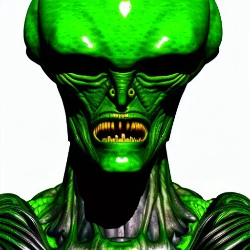 green alien, head, evil, black eyes, weapons, blood, 8k, finely detailed, photo realistic, HR Giger style