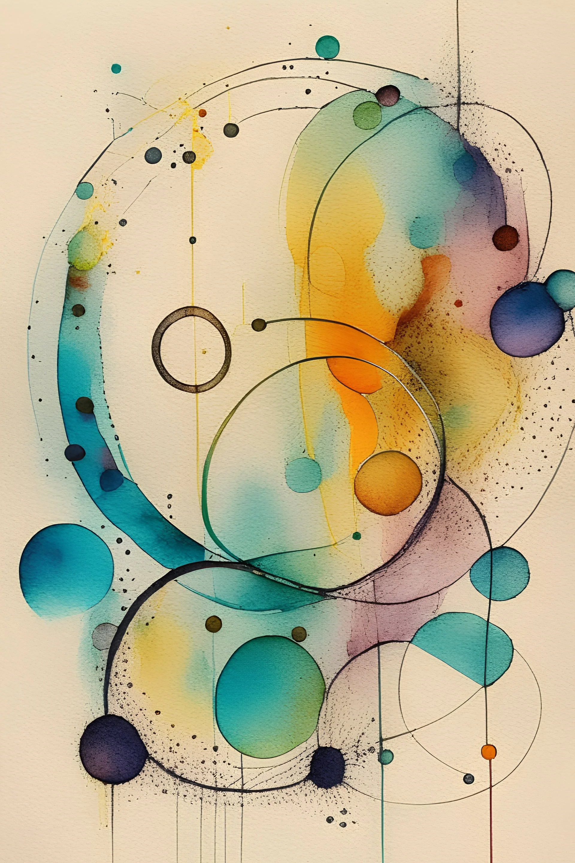 Abstract wet watercolour, ink lines, interlinked circles
