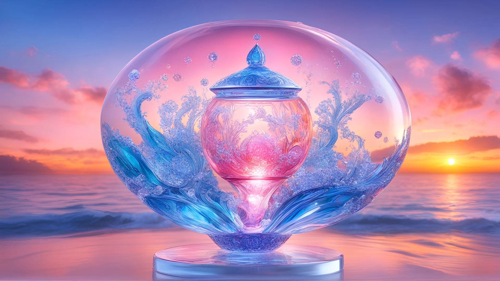 masterpiece, aetheric, enlighted cosmic, harmonious vessels floating in the air, sunset midday, luminous, made of glass and crystals, highly detailed, subtil, pastel blue and rose colours, splash of white light, intricate and detailed, 8K, ultra-detailed, sharp focus,