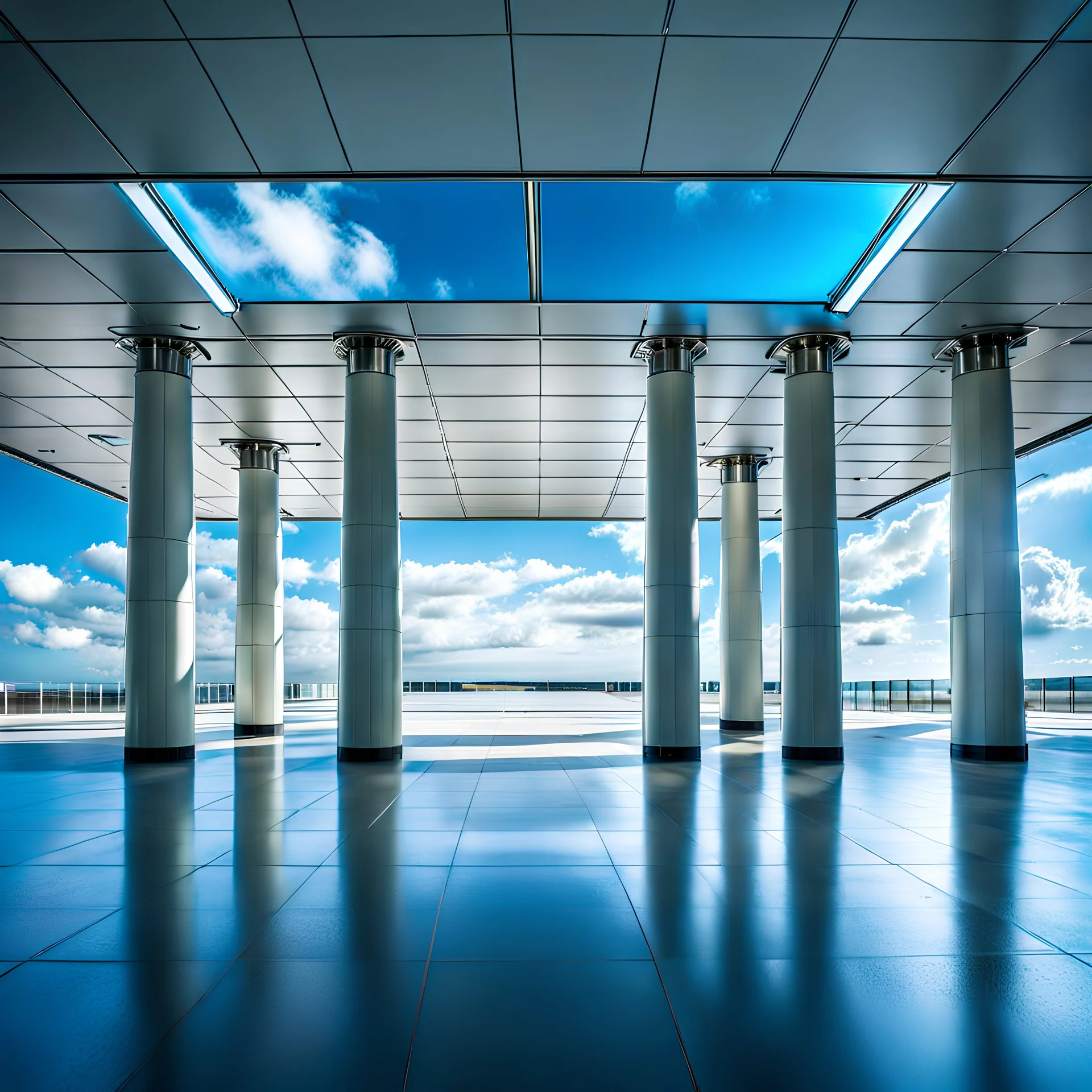 Blue sky and clouds, an empty airport room with a grass floor, rectangular pillars, liminal space, real photograph, drop ceiling, fluorescent lighting, dim lighting.