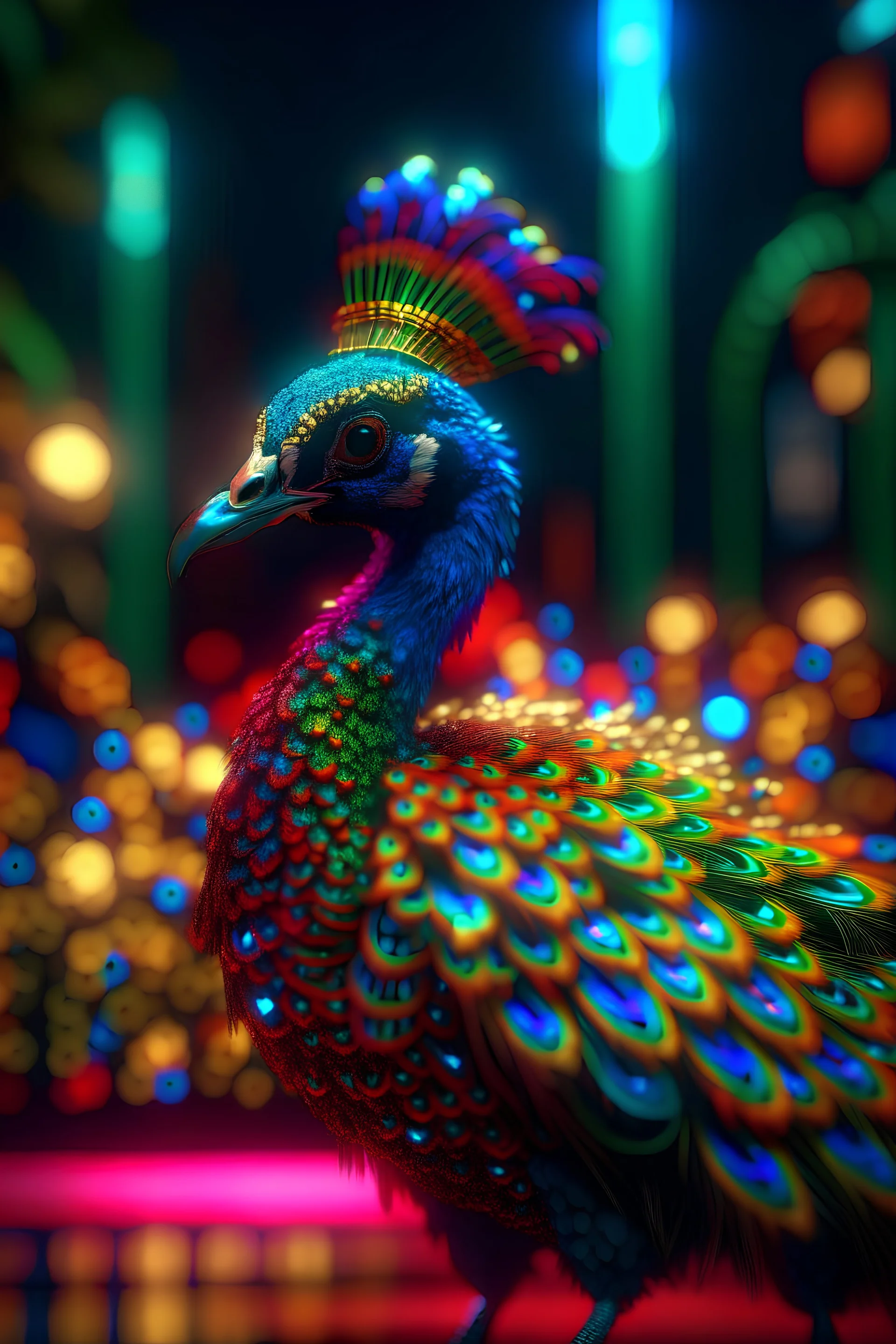 the 4d psychedelic neon peacock that could trigger epilepsi, rockstar portrait, photo-realistic, shot on Hasselblad h6d-400c, zeiss prime lens, bokeh like f/0.8, tilt-shift lens 8k, high detail, smooth render, down-light, unreal engine 5, cinema 4d, HDR, dust effect,, smoke