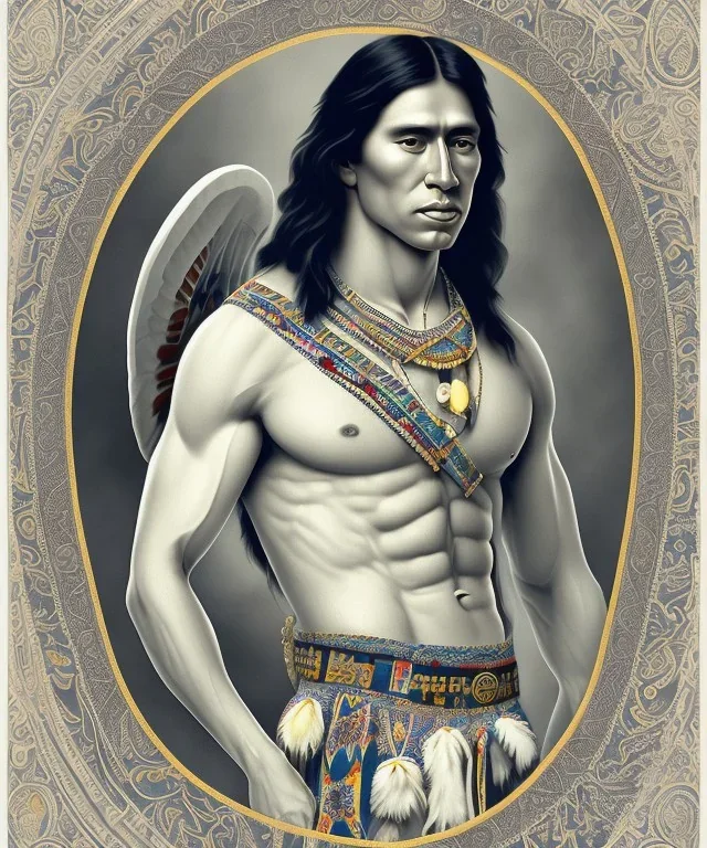 Athahualpa, native american warrior, long black hair, big muscles, pechera, big half circular from shoulder to chest fabric piece