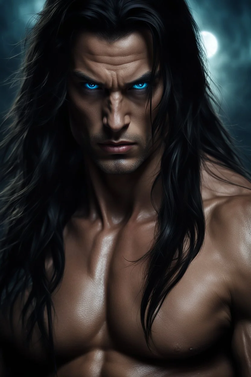 Portrait of a 35 year old Olive skinned muscular evil male with long dark hair, blue eyes , scowling, photorealistic, 4k, dark fantasy