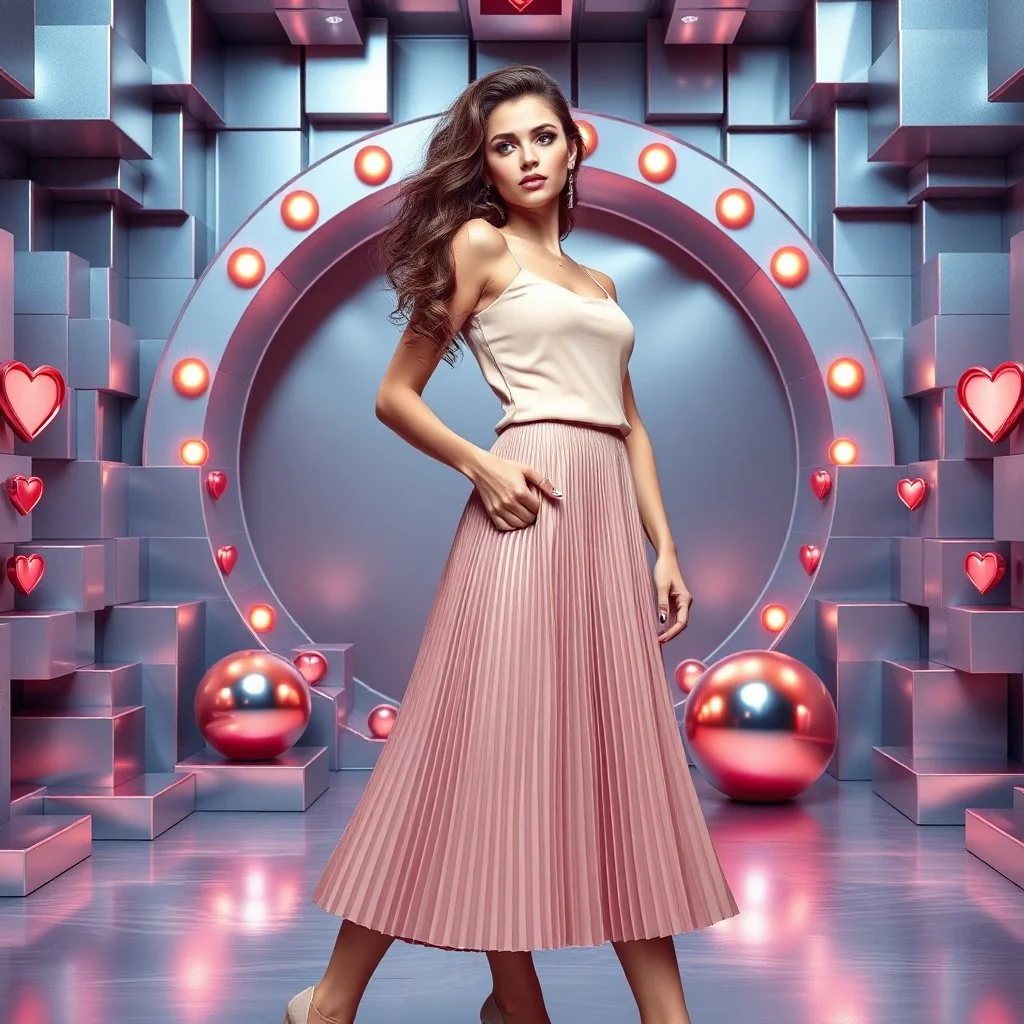make a picture pretty stage made of metallic blue-gray teme 3d recursive cubic and sphere and heart simbols base structures and a beautiful fashion model lady standing with cute in scene with sexy top and pretty pleated midi skirt ,makeup curvy long hair,dynamic camera zoom to full body and pan, dynamic lights.