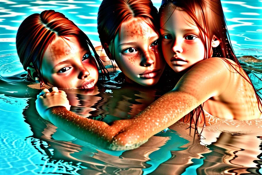 digital art of beautiful auburn hair teenage laracroft girls with grandpa in a swimming pool, hugging dad bare lips