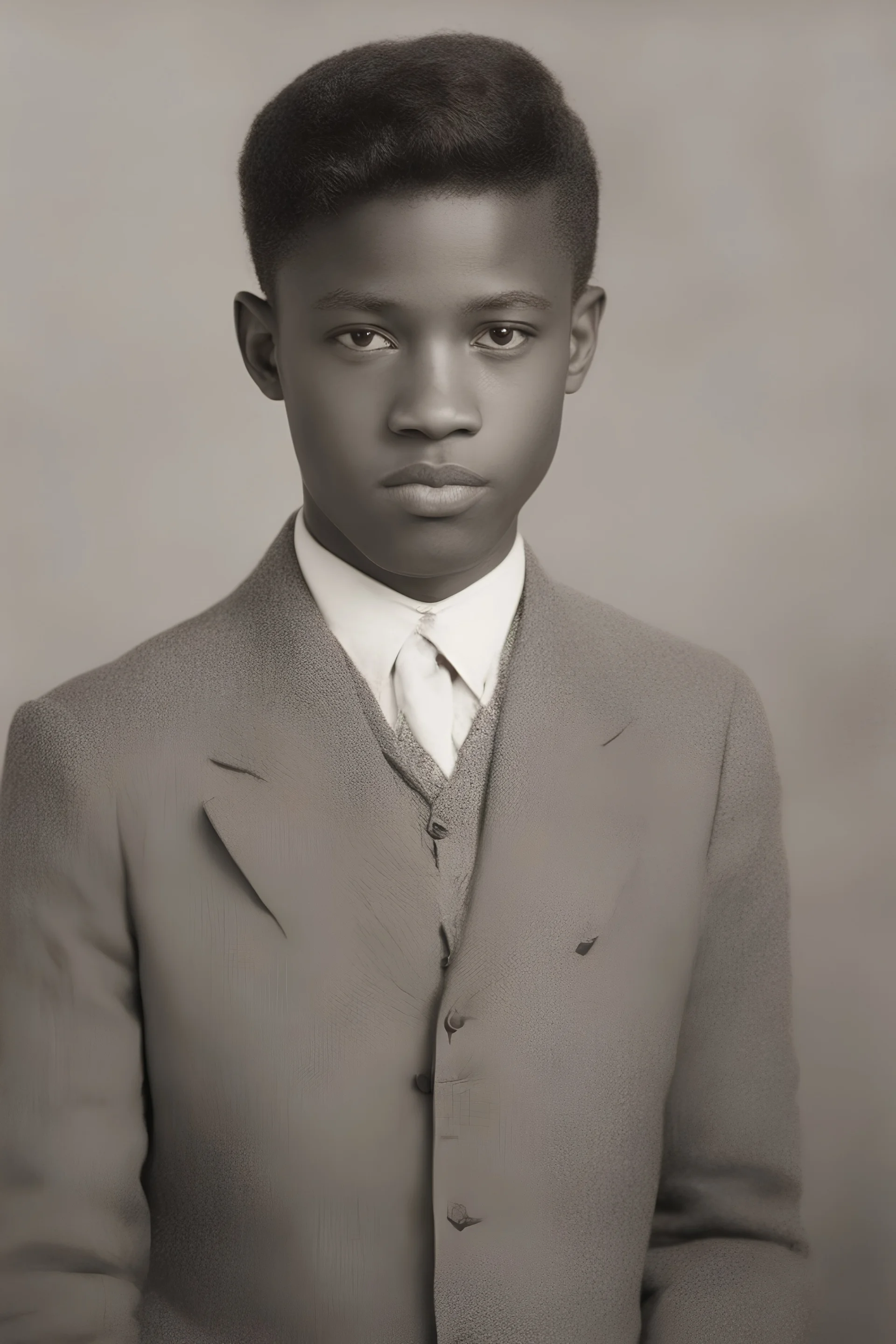 1920's yearbook photo, teenage Morgan Jones (Lennie James) 14 years old, brown hair, 1920's hairstyle and clothes, photorealistic, --ar 9:16 --style raw