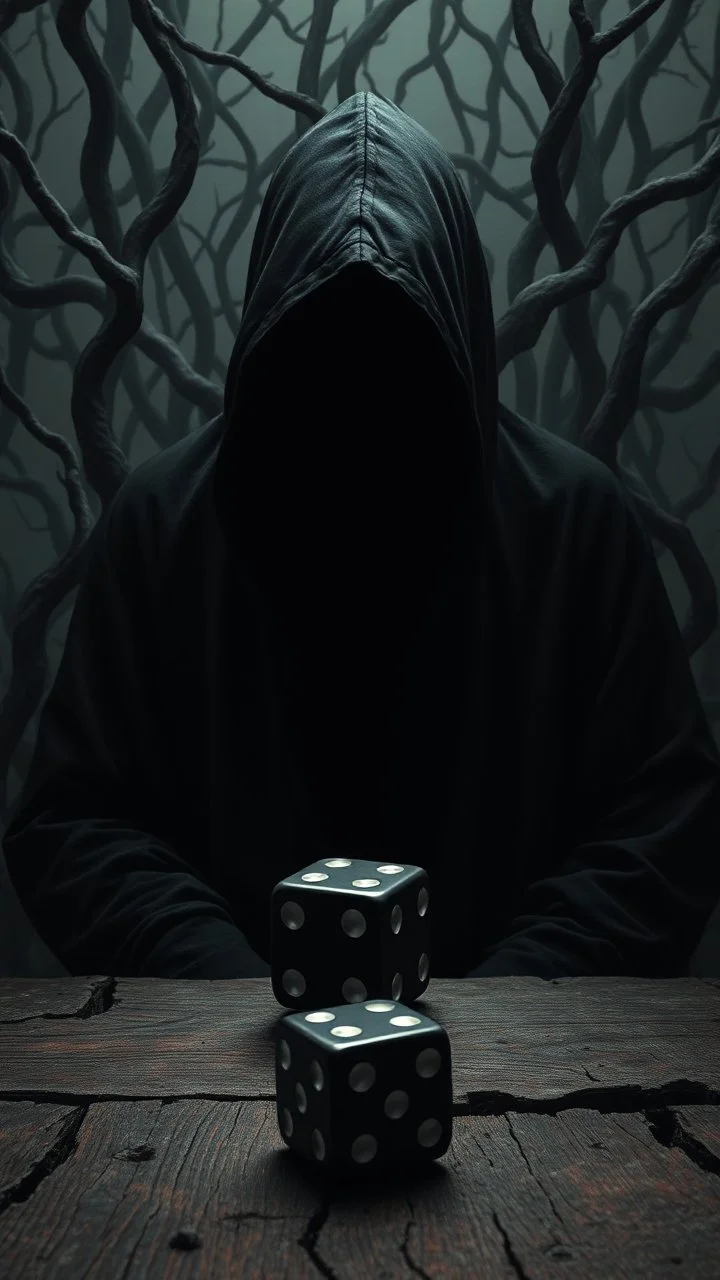 A hooded black shadow creature with no face in the background of black vein, human veins, mixing together a lot of them, like a forest, big an ball small veins a lot of them, a black dice sitting on an old broken table