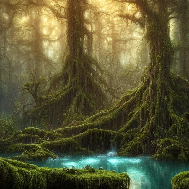 high-quality, fine-detail beautiful, breath-taking forest with gnarled trees, lush vegetation, clear reflective lake, tranquil, stunning, 8k resolution, intricate, digital art, detailed matte, volumetric lighting, George Grie, Anne Dittman, Anne Stokes, Lisa Parker, Selina French