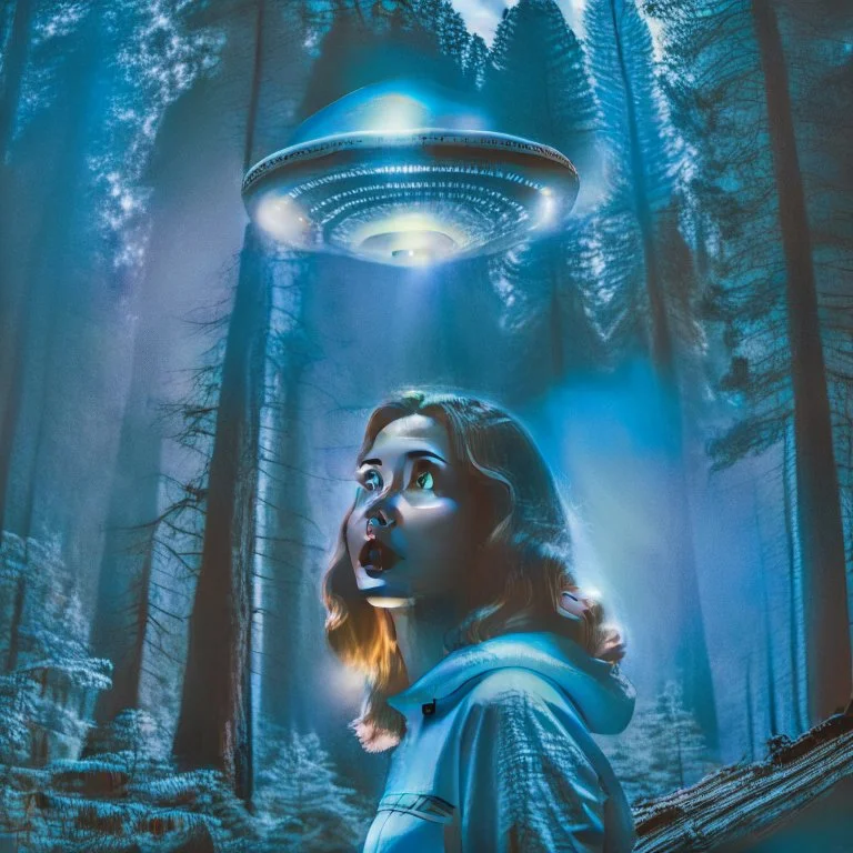 photo of a young woman in a dark forest looking at a UFO in the sky, martin scorsese style