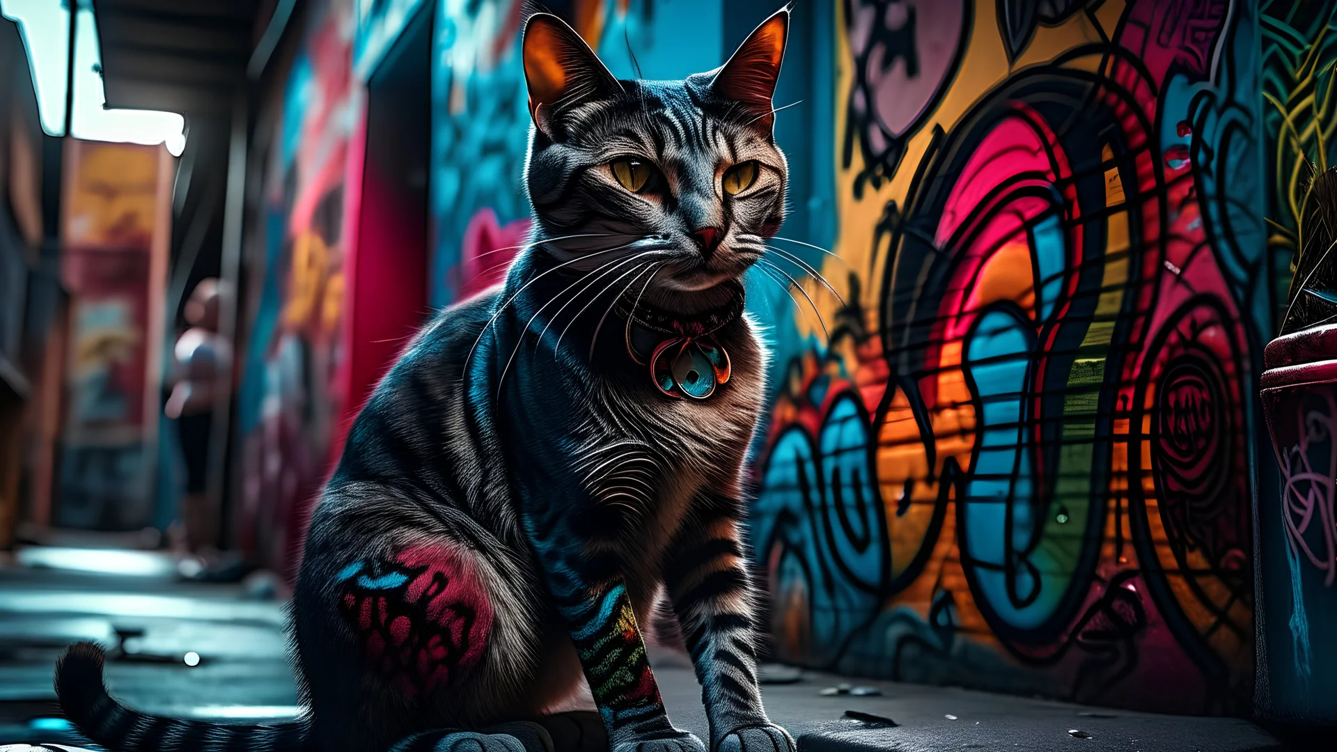 Craft a visually stunning composition of a cat with intricate details and bold colors reminiscent of street art, photographed using a Sony A7III, 35mm lens, f/4 aperture, during the early morning hours, incorporating elements of surrealism.