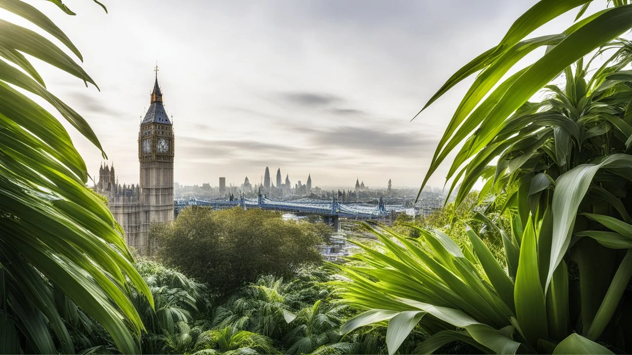 City of London, Big Ben, Tower Bridge, Shard, Gherkin, etc. overgrown with a jungle of banana trees, award winning photograph