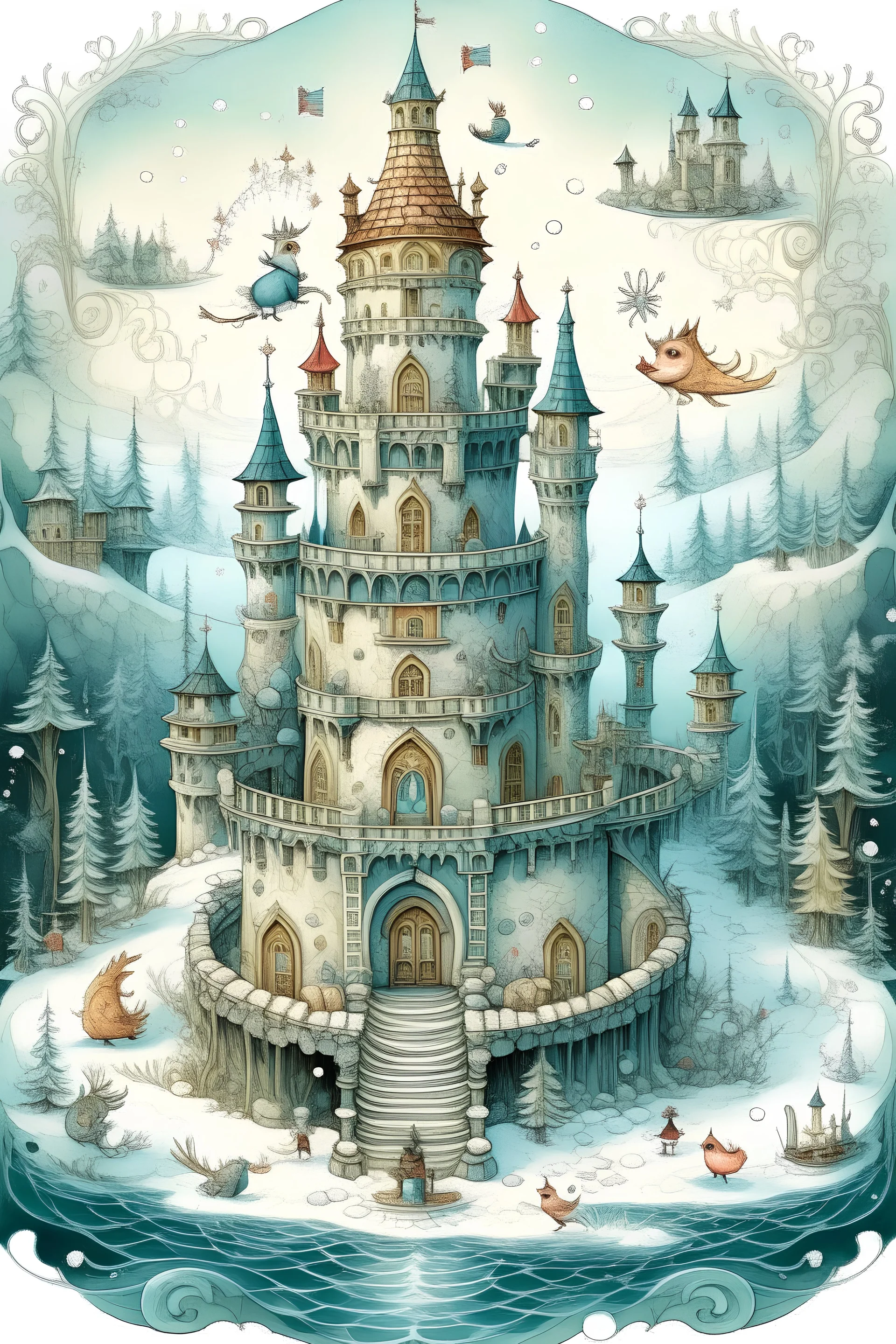 Create an image of the imaginary tower of a winter palace which is the home to a family of mythical creatures, who are protected from evil creatures by an enchanted moat around the tower.