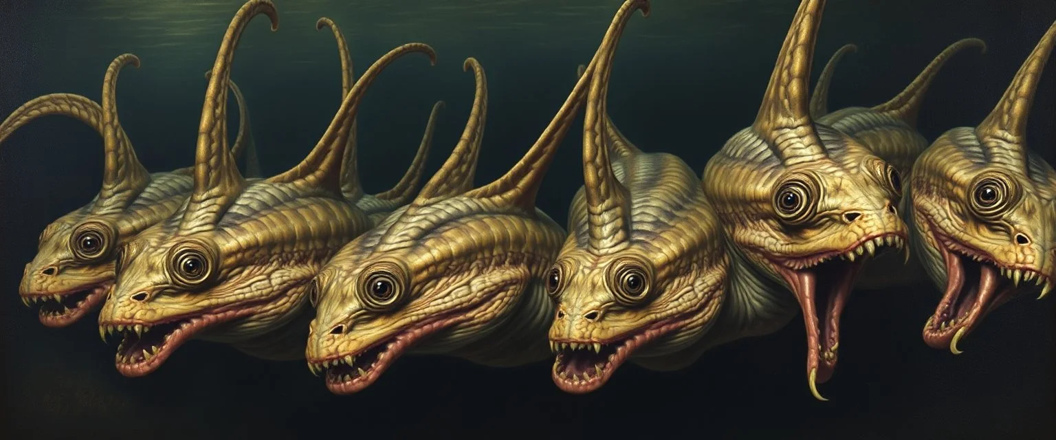 master oil painting by Rembrandt, good afternoon echohydra "A many-headed aquatic horror with sensitive, elongated heads, each reacting independently to sound, covered in slimy, mottled scales, eyes that bulge unpredictably, mouths open as if whispering in multiple languages, vibrating with predatory anticipation."