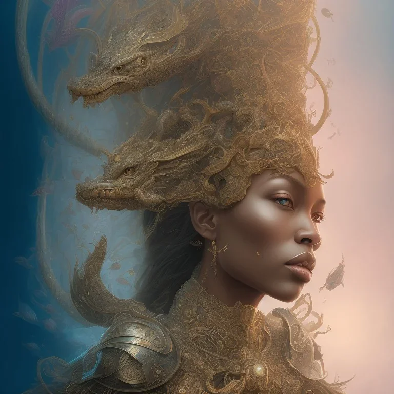 sango fantasy, fantasy magic, intricate, sharp focus, illustration, highly detailed, digital painting, concept art, matte, artgerm and paul lewin and kehinde wiley, masterpiece sexy lips Asian afro lips black African lady body mermaid Dragon head golden space lady sea under water mermaid pretty