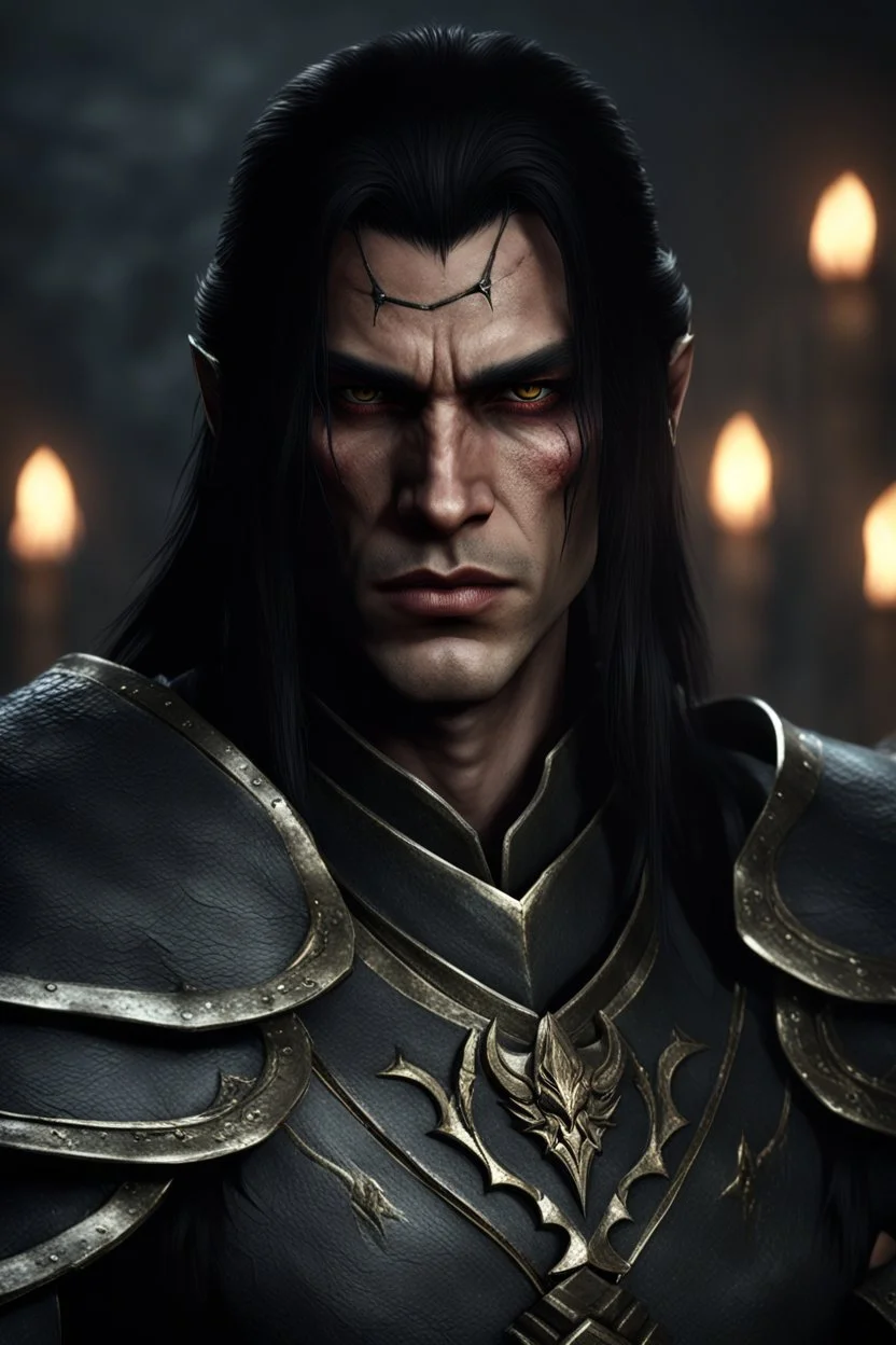 Portrait Farkas(Skyrim) as evil male with long dark hair , scowling, photorealistic, 4k, dark fantasy