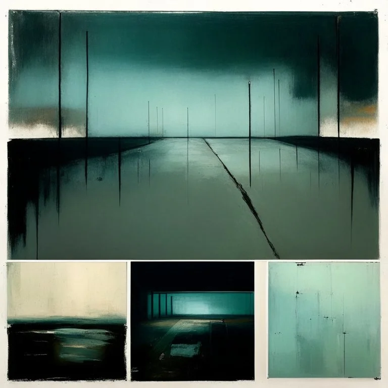 Minimal abstract oil paintings of a desolate concrete 1960s carpark. Road with distant Blurry lights. On the floor are concrete fragments and road markings . In the dark mysterious style of Justin Mortimer and Francis Bacon.