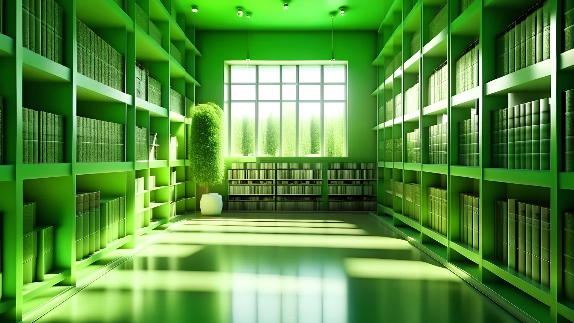 Modern green library interior with sunlight. Decor and desing concept. 3D Rendering