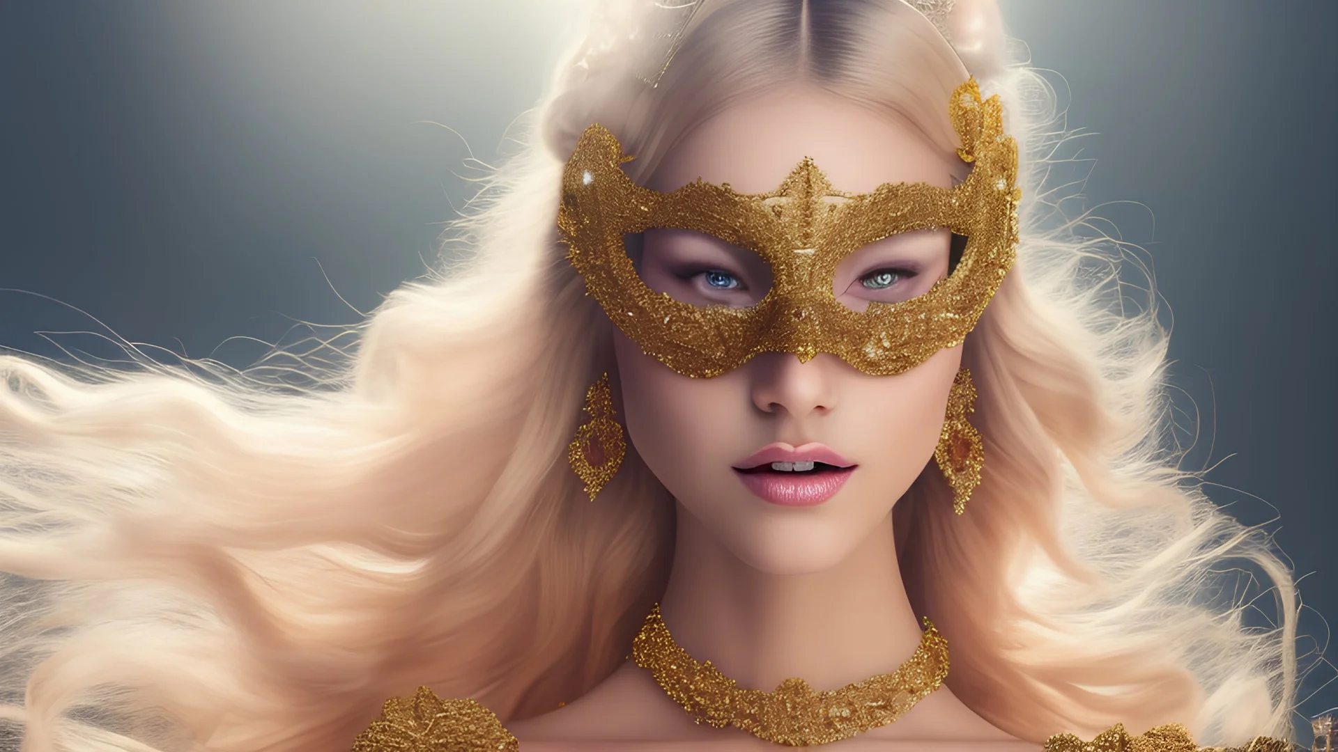 whole body photo portrait of a beautiful girl wearing a Mardis Gras ball mask and a gold gown, with blonde hair walking across a huge ball room floor, HD 4K, photo-realistic accurate face and features, award winning photography, cinematic lighting