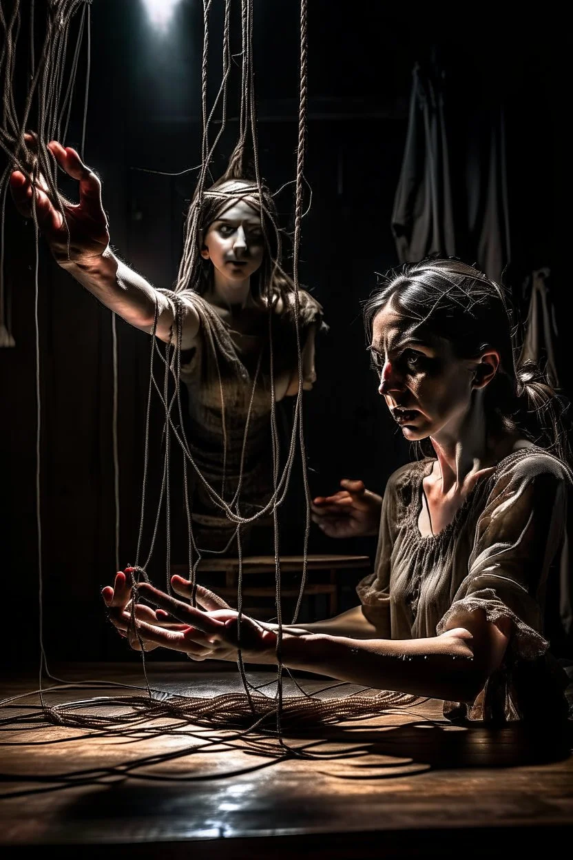 a digital image of a woman seated on a table, she is connected to string like a puppet, arms in air, moved by the strings, puppet like features in the face, beautiful face, looks desperate to break free, behind her is a huge image of a man holding the strings, creepy character,.zoomed in, dark and shadowy background with selective lighting on the woman