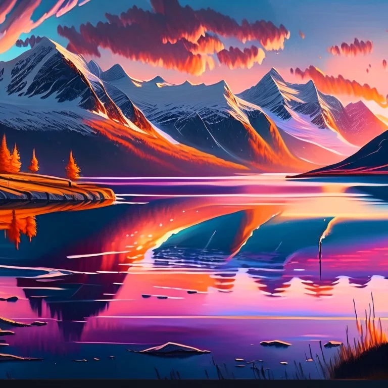 Illustrate a scene of a tranquil Norwegian lake reflecting the vibrant colors of a mesmerizing sunset, with snow-capped mountains in the background and a sense of calmness pervading the atmosphere, representing the serene beauty of Norway that sparks artistic imagination.